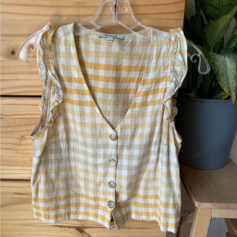 Madewell Yellow and White Gingham Button Front Tank Top